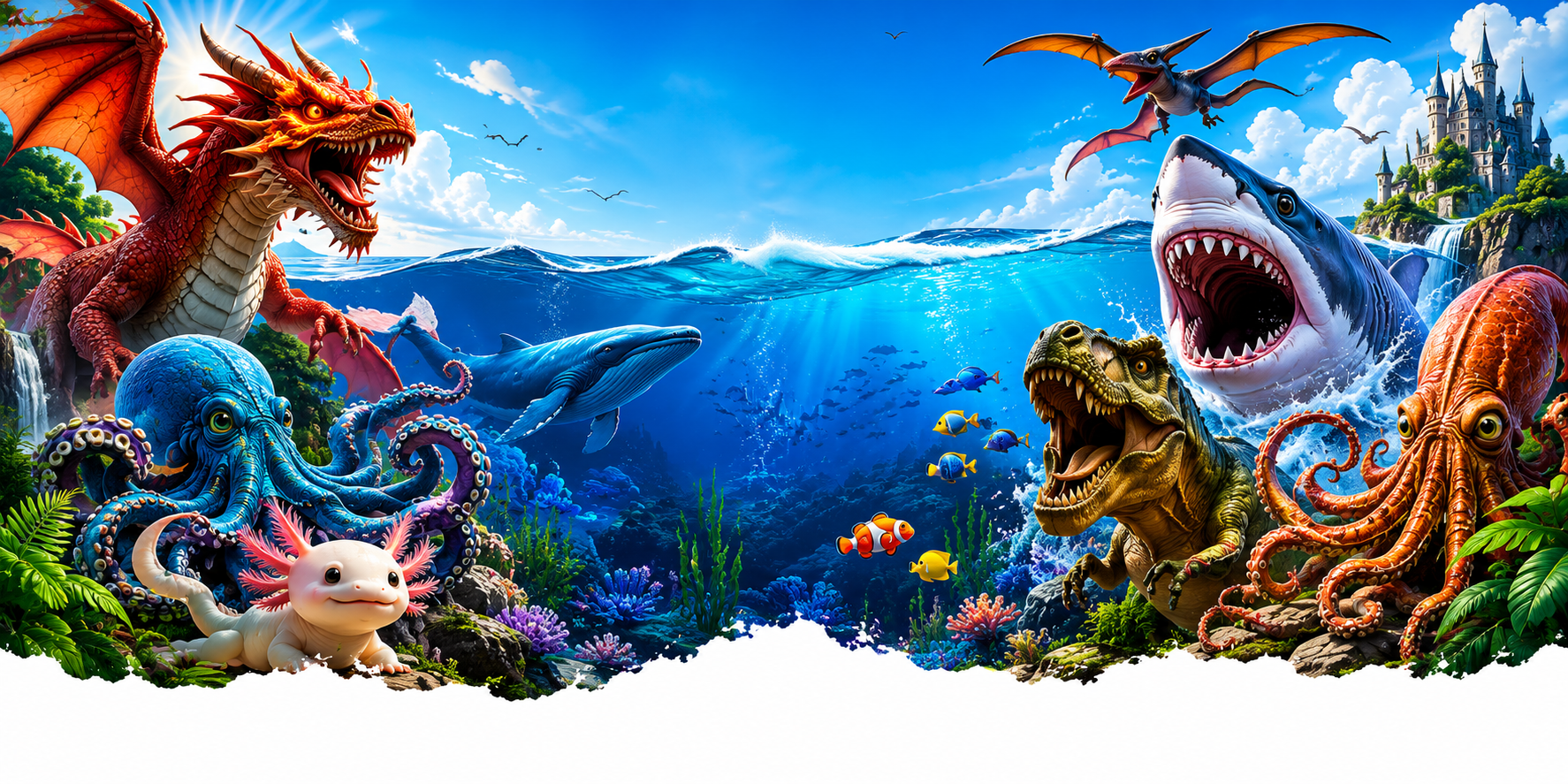 A cinematic collage featuring a dragon, shark, octopus, axolotl, T-Rex, and pterosaur